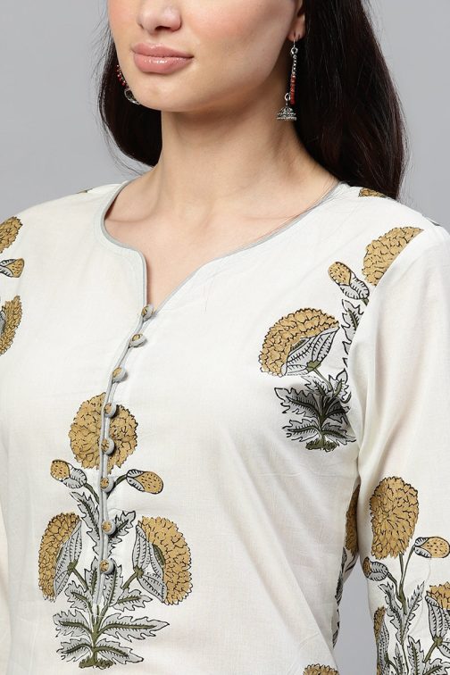 Off White Cotton Ethnic Motifs Kurta Set - Image 2