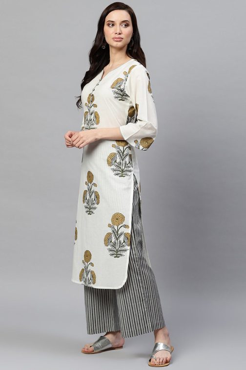 Off White Cotton Ethnic Motifs Kurta Set - Image 4