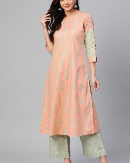Peach Pure Cotton Ethnic Motifs kurta Set