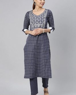 Navy Blue Pure Cotton Checks Embroidered Straight Kurta Set