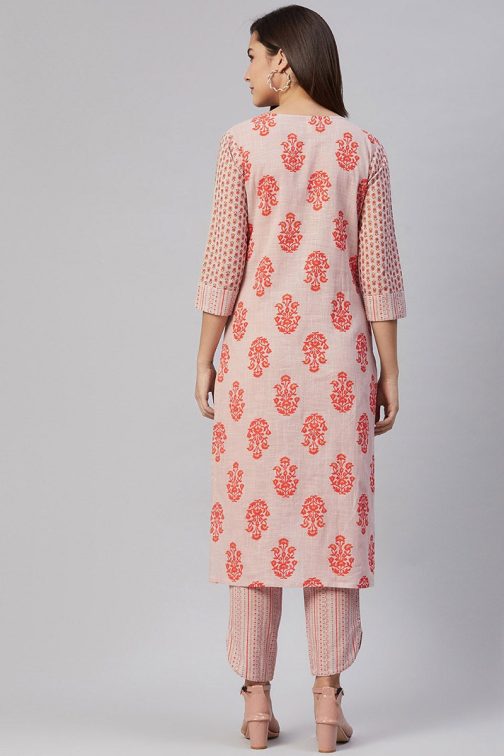 Peach Pure Cotton Straight Kurta With Pant Set - Image 3
