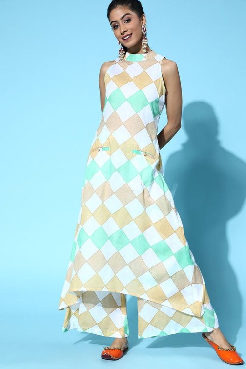 Multi Colour Pure Cotton Geometric Print Kurta Set