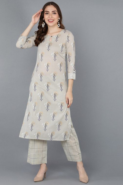 Beige Cotton Straight Kurta set