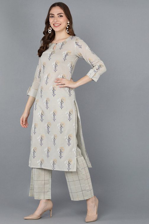 Beige Cotton Straight Kurta set - Image 4