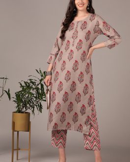 Grey Cotton Blend Floral Printed Straight Kurta Set