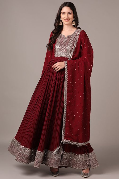 Magenta Georgette Solid Yoke Design Sequined Anarkali Kurta dupatta Set - Image 3