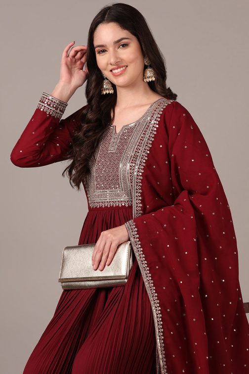 Magenta Georgette Solid Yoke Design Sequined Anarkali Kurta dupatta Set - Image 2