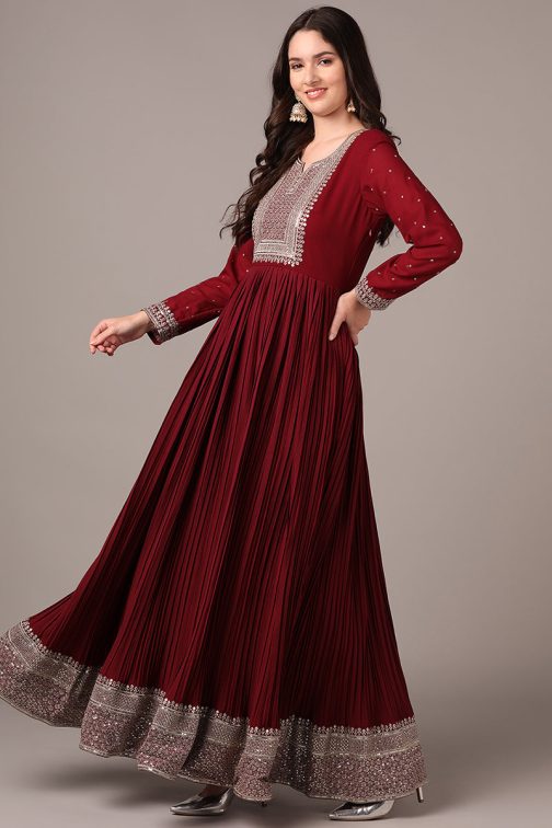 Magenta Georgette Solid Yoke Design Sequined Anarkali Kurta dupatta Set - Image 4