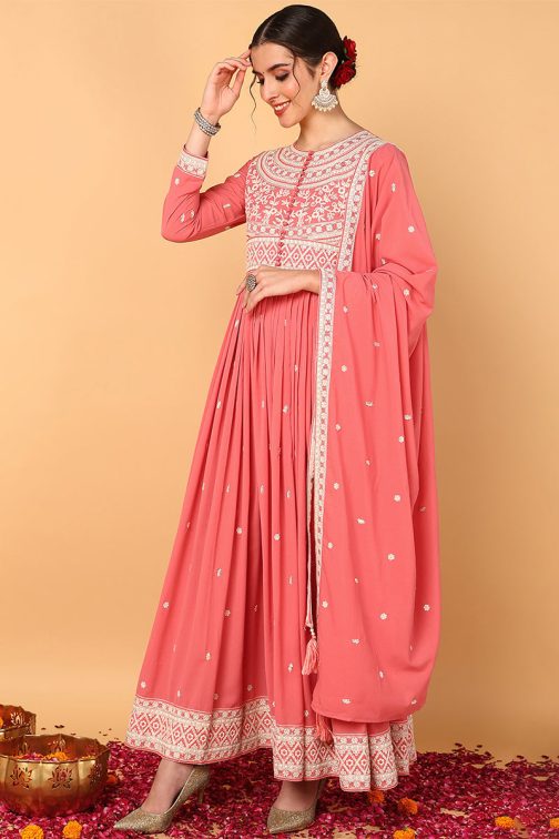 Pink Georgette Embroidered Thread Work Flared Kurta Set - Image 4