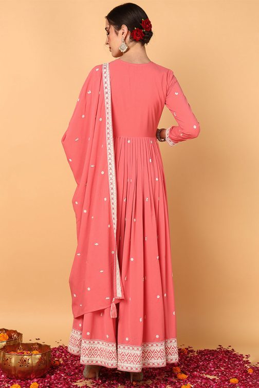 Pink Georgette Embroidered Thread Work Flared Kurta Set - Image 3