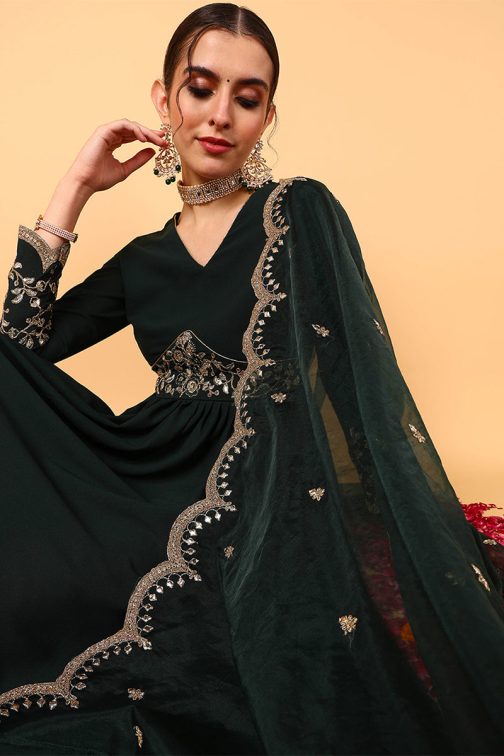 Green Georgette Embroidered Zari Work Flared Kurta Set - Image 2