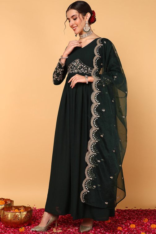 Green Georgette Embroidered Zari Work Flared Kurta Set - Image 3