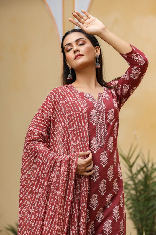 Maroon Rayon Blend Straight Suit Set - Image 2