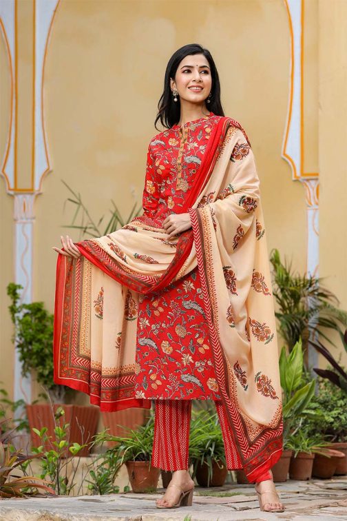 Red Cotton Ethnic Motifs Printed Suit Set