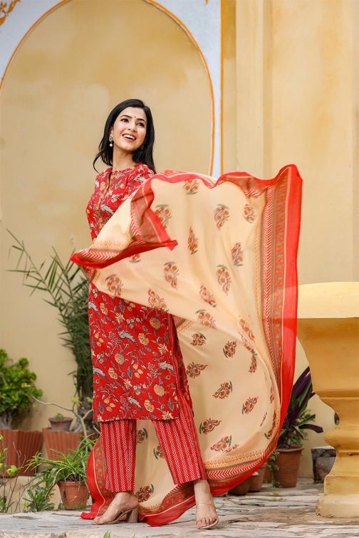 Red Cotton Ethnic Motifs Printed Suit Set - Image 2