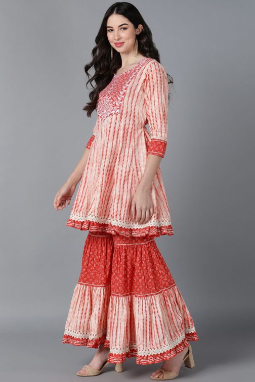 Peach Pure Cotton Flared Sharara Suit Set - Image 3