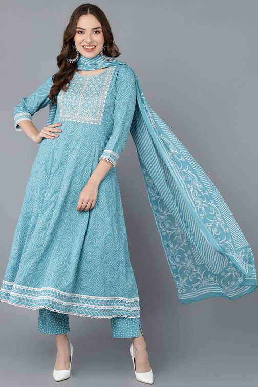 Blue Cotton Blend Kurta Trousers With Dupatta