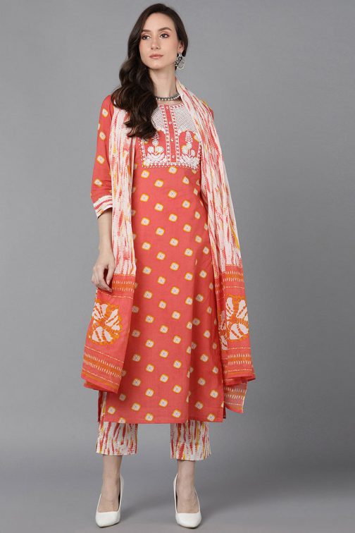 Orange Cotton Straight Kurta Pant With Dupatta