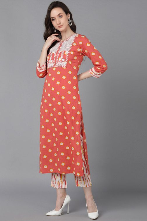 Orange Cotton Straight Kurta Pant With Dupatta - Image 3