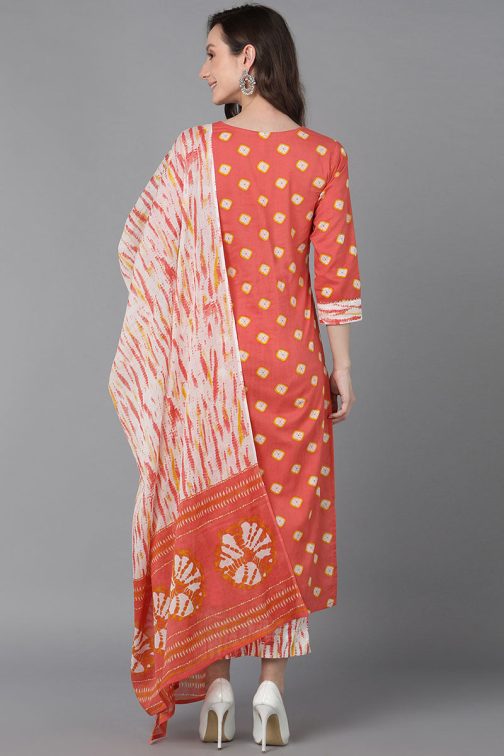 Orange Cotton Straight Kurta Pant With Dupatta - Image 4