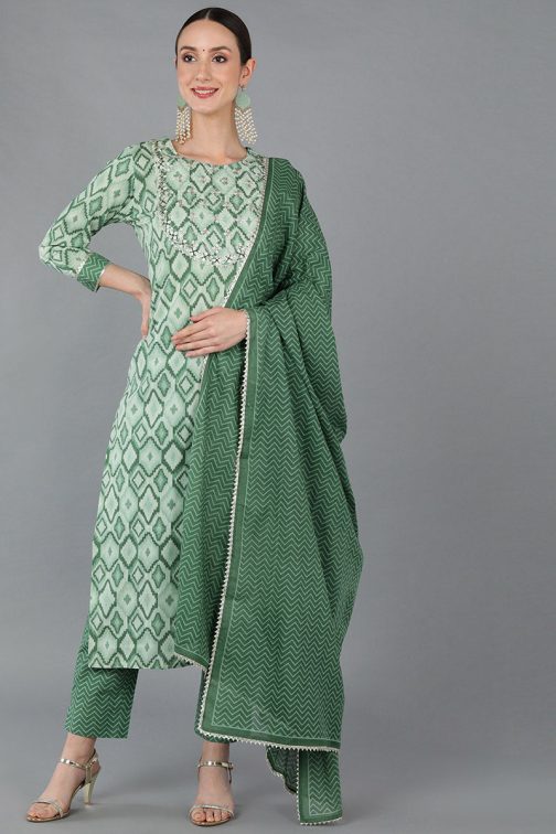 Green Pure Cotton Gotta Patti Straight Suit Set