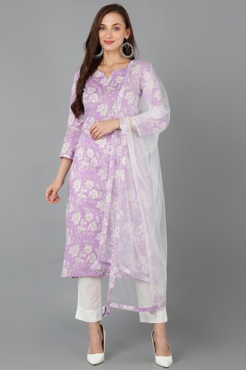 Purple Rayon Blend Floral Straight Kurta Pant With Dupatta