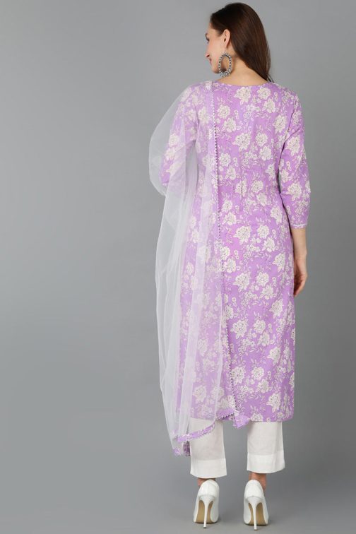 Purple Rayon Blend Floral Straight Kurta Pant With Dupatta - Image 4