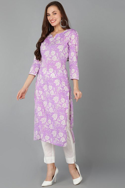 Purple Rayon Blend Floral Straight Kurta Pant With Dupatta - Image 3