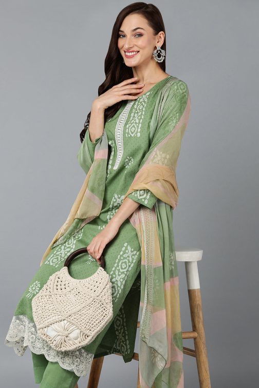 Sea Green Silk Blend Straight Suit Set - Image 2