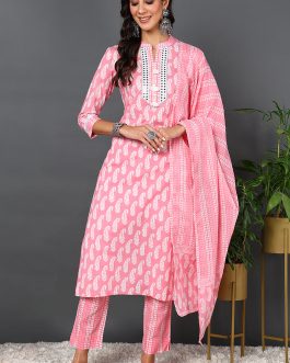 Cotton Pink Printed Straight Kurta Pant With Dupatta
