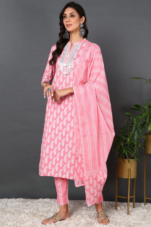 Cotton Pink Printed Straight Kurta Pant With Dupatta - Image 3
