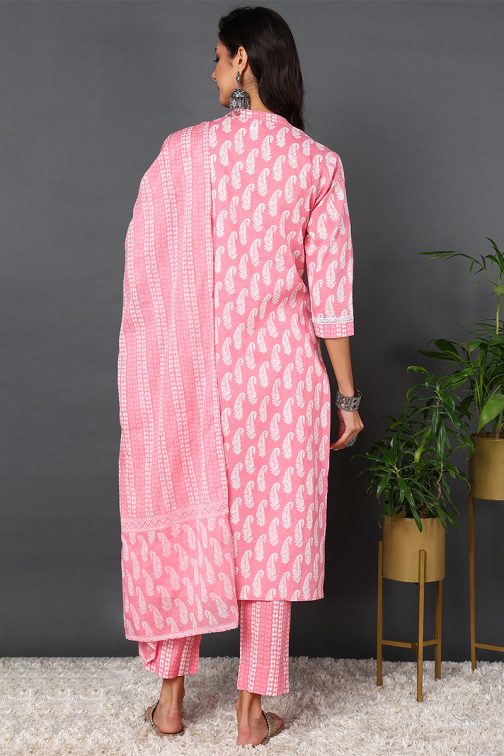 Cotton Pink Printed Straight Kurta Pant With Dupatta - Image 4