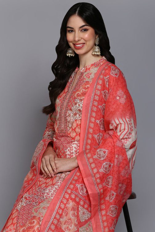 Cotton Coral Peach Printed Straight Kurta Pant With Dupatta - Image 2