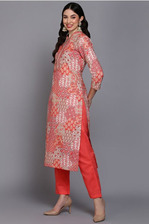 Cotton Coral Peach Printed Straight Kurta Pant With Dupatta - Image 3