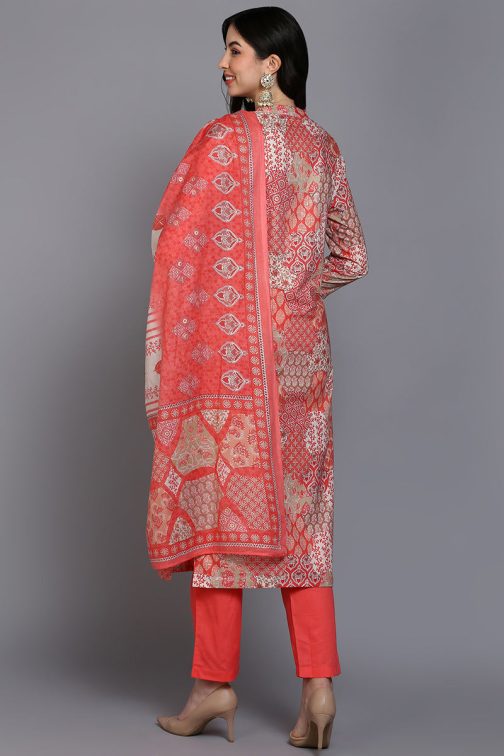 Cotton Coral Peach Printed Straight Kurta Pant With Dupatta - Image 4