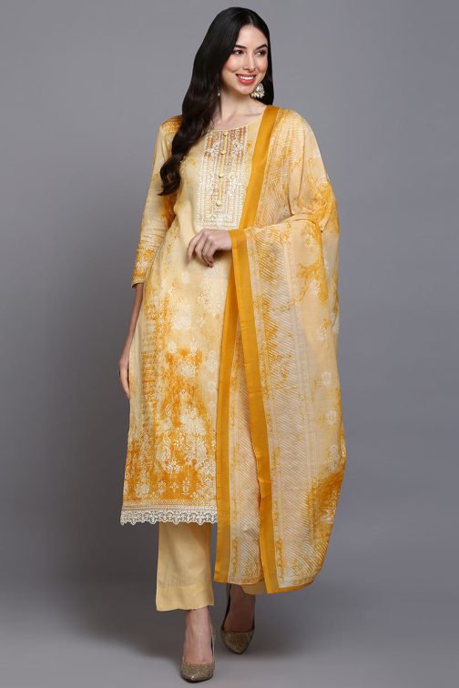 Cotton Off-White Printed Straight Kurta Pant With Dupatta