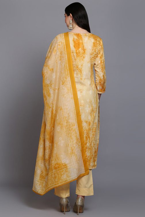 Cotton Off-White Printed Straight Kurta Pant With Dupatta - Image 4