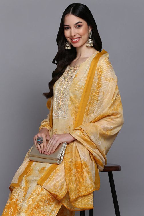 Cotton Off-White Printed Straight Kurta Pant With Dupatta - Image 2