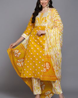 Cotton Yellow Bandhani Printed Straight Kurta Pant With Dupatta