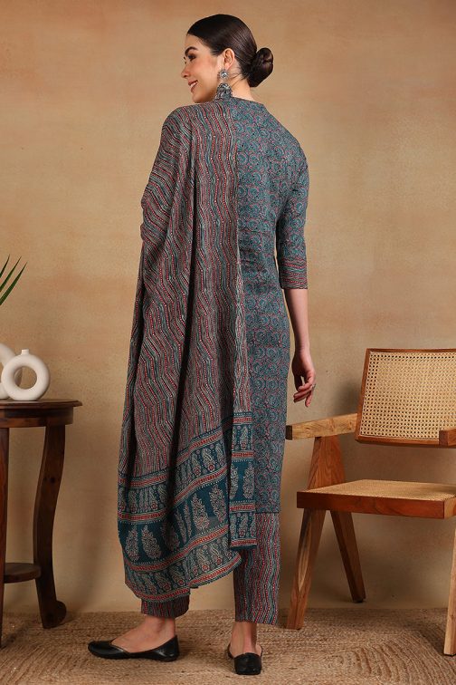 Teal Rayon Blend Ethnic Motifs Printed Straight Suit Set - Image 2