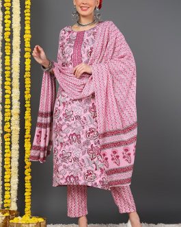 Pink Viscose Rayon Floral Printed Straight Suit Set