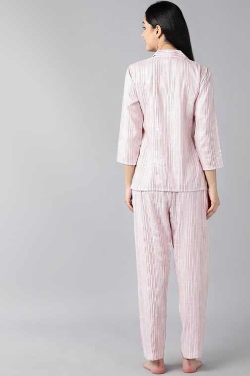 Pure Cotton Pink Night Suit with Striped Pattern - Image 4