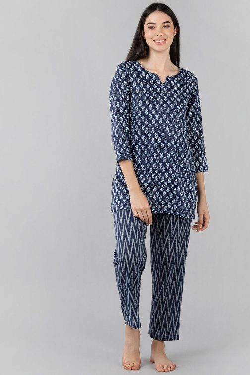 Blue Cotton Night Suit with Geometric Print - Soft and Stylish Nightwear with Modern Flair
