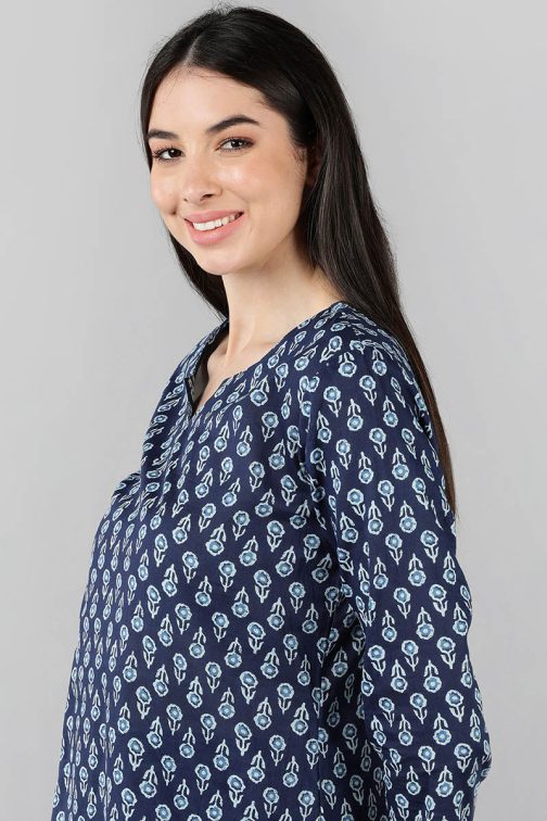 Blue Cotton Night Suit with Geometric Print - Soft and Stylish Nightwear with Modern Flair - Image 2