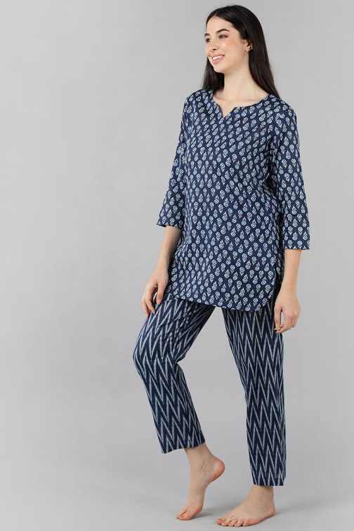 Blue Cotton Night Suit with Geometric Print - Soft and Stylish Nightwear with Modern Flair - Image 3