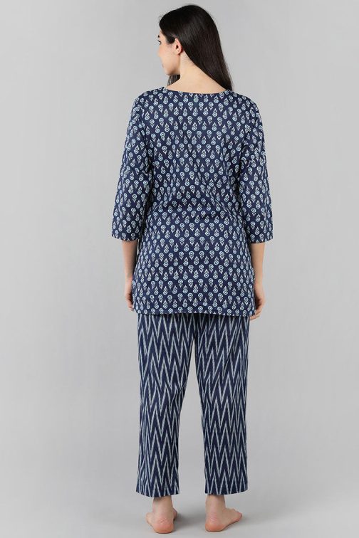Blue Cotton Night Suit with Geometric Print - Soft and Stylish Nightwear with Modern Flair - Image 4