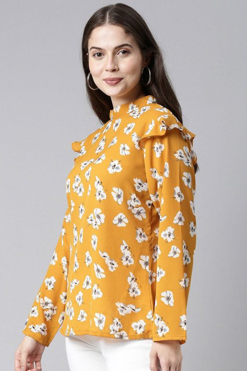 Mustard Georgette Floral Printed Regular Top - Image 3