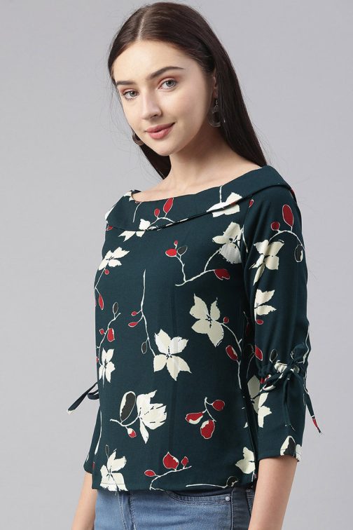 Teal Georgette Floral Printed Regular Top - Image 3