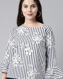 White Poly Crepe Striped Regular Top