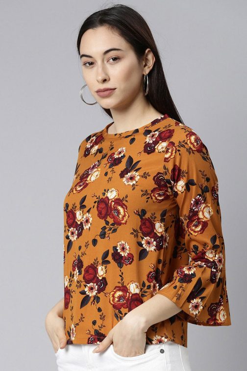 Mustard Georgette Floral Print Regular Top - Image 3